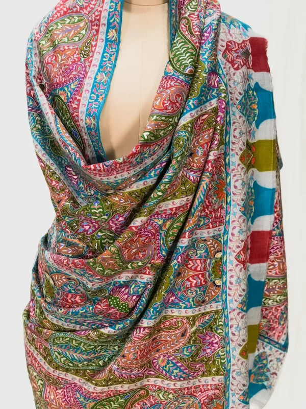 Pure Pashmina Shawl With Multi Colour Artistic Kalamkari Hand Embroidery front