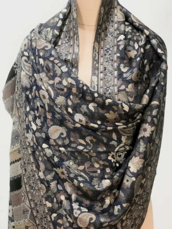 Navy Blue Pashmina Stole With Multi-Colour Kani Weaves front