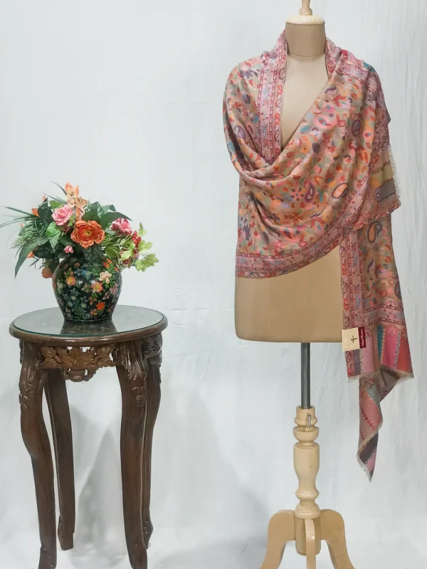 Natural Beige Pashmina Stole With Multi-Colour Kani Weaves