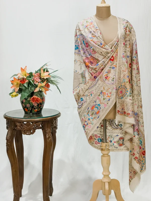 Natural Pure Pashmina Shawl With Tilla Jaal Hand Embroidery