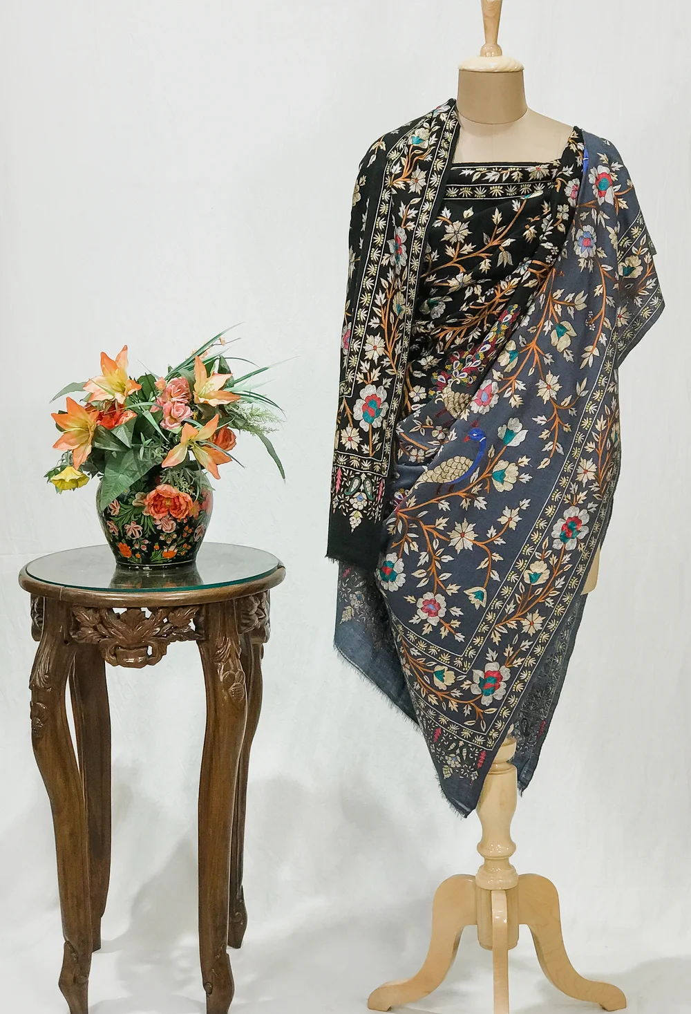 Black and Grey Pure Pashmina Ombrey Shawl With Tilla Jaal Hand Embroidery