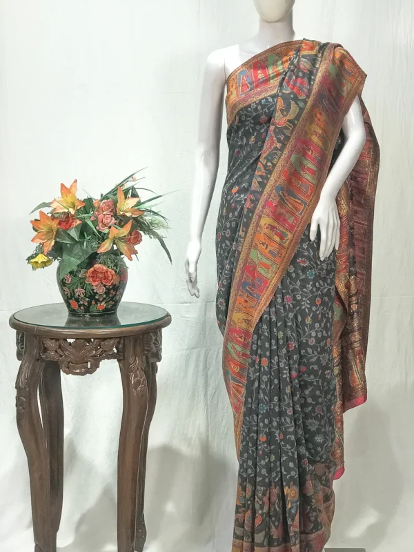 Dark Grey Modal Silk Kani Saree with Floral Design