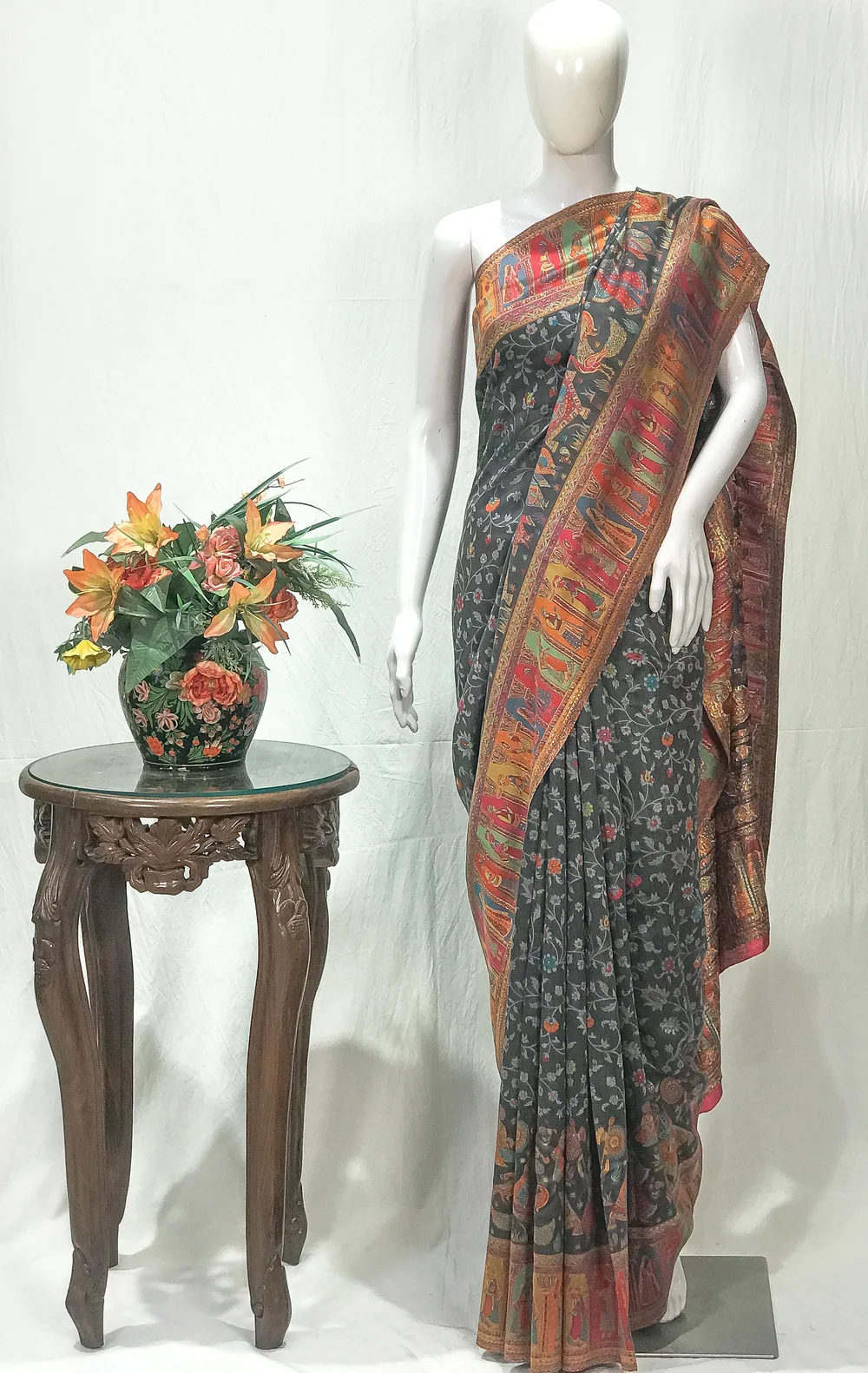 Dark Grey Modal Silk Kani Saree with Floral Design