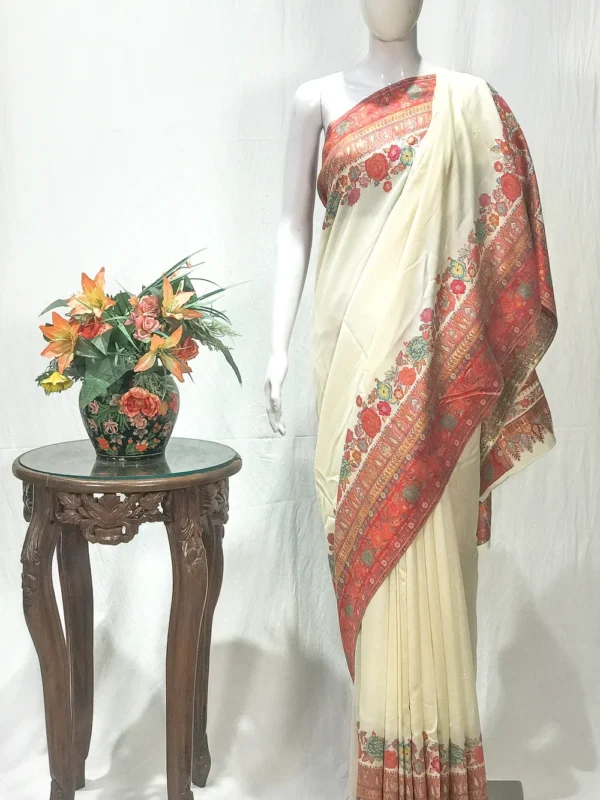 Cream Modal Silk Kani Saree with Floral Design