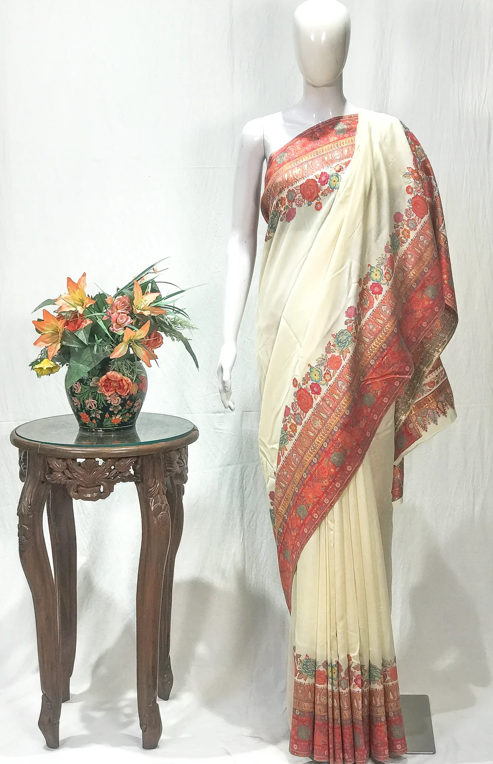 Cream Modal Silk Kani Saree with Floral Design