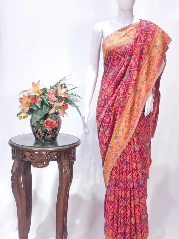 Yellow and Pink Modal Silk Kani Saree with Geometrical Design