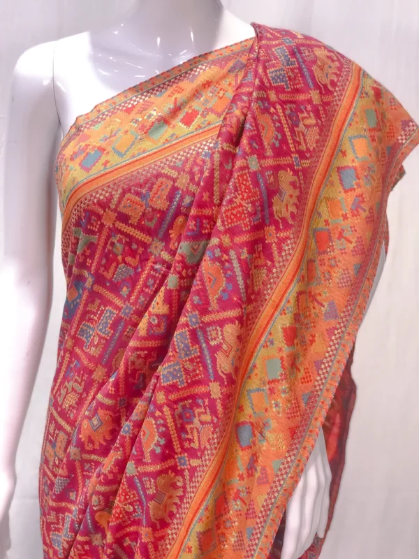 Yellow and Pink Modal Silk Kani Saree with Geometrical Design front