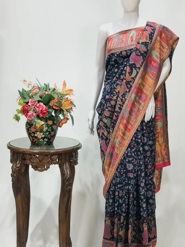 Navy Blue Modal Silk Kani Saree with Floral Design