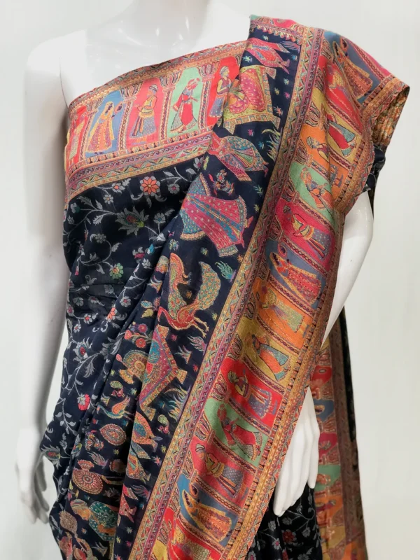 Navy Blue Modal Silk Kani Saree with Floral Design front