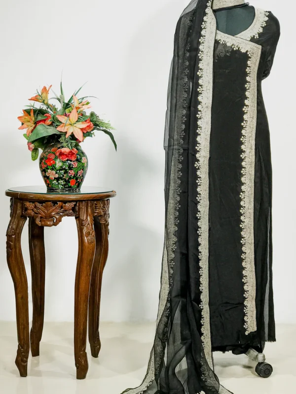 Black Chinon Angrakha Style Suit with Organza Dupatta