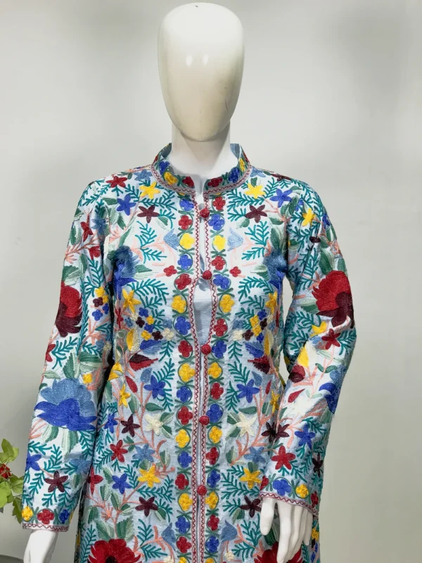 Powder Blue Kashmiri Aari Embroidered Long Coat front