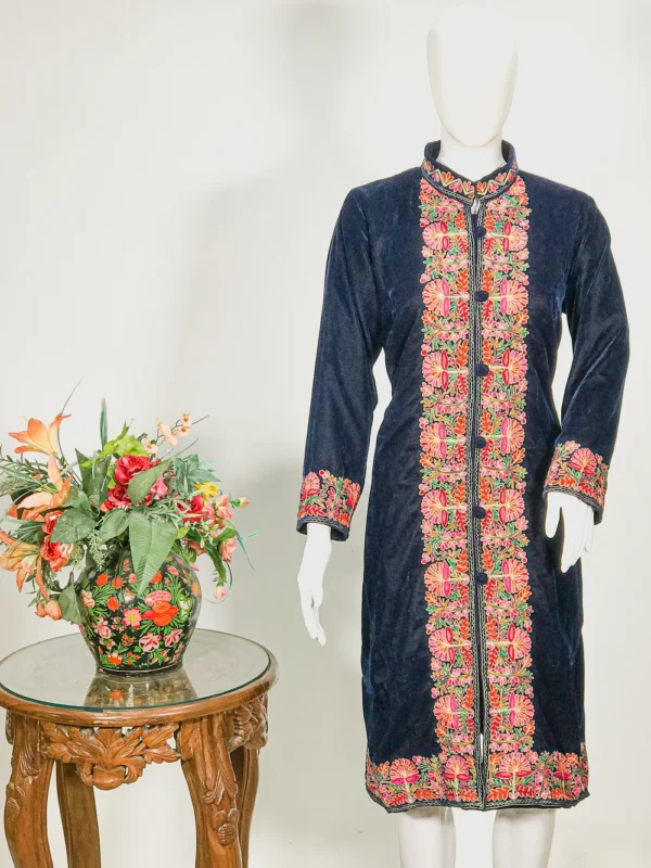 Navy Blue Kashmiri Aari Embroidery with Tilla Outlining Long Coat