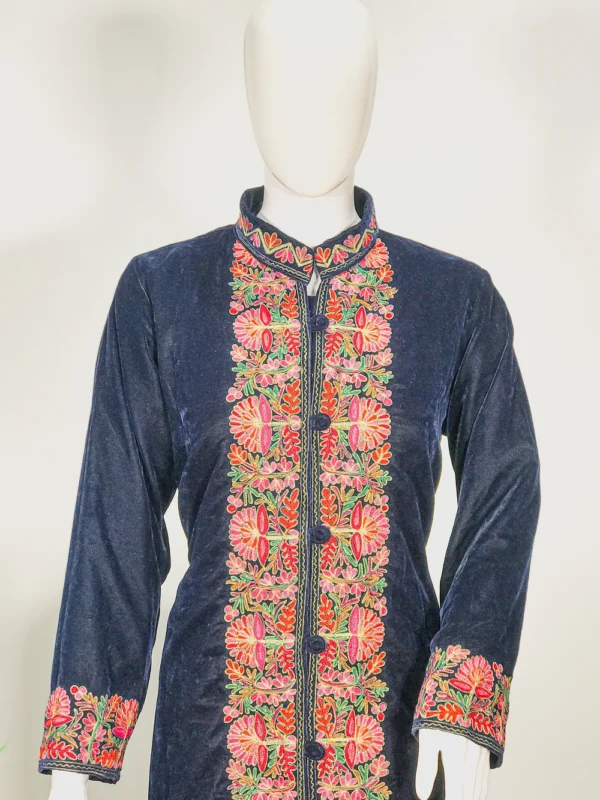 Navy Blue Kashmiri Aari Embroidery with Tilla Outlining Long Coat Front