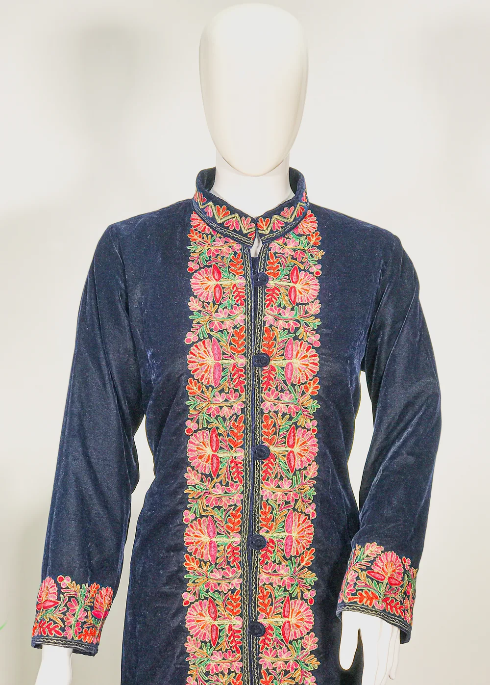 Navy Blue Kashmiri Aari Embroidery with Tilla Outlining Long Coat Front