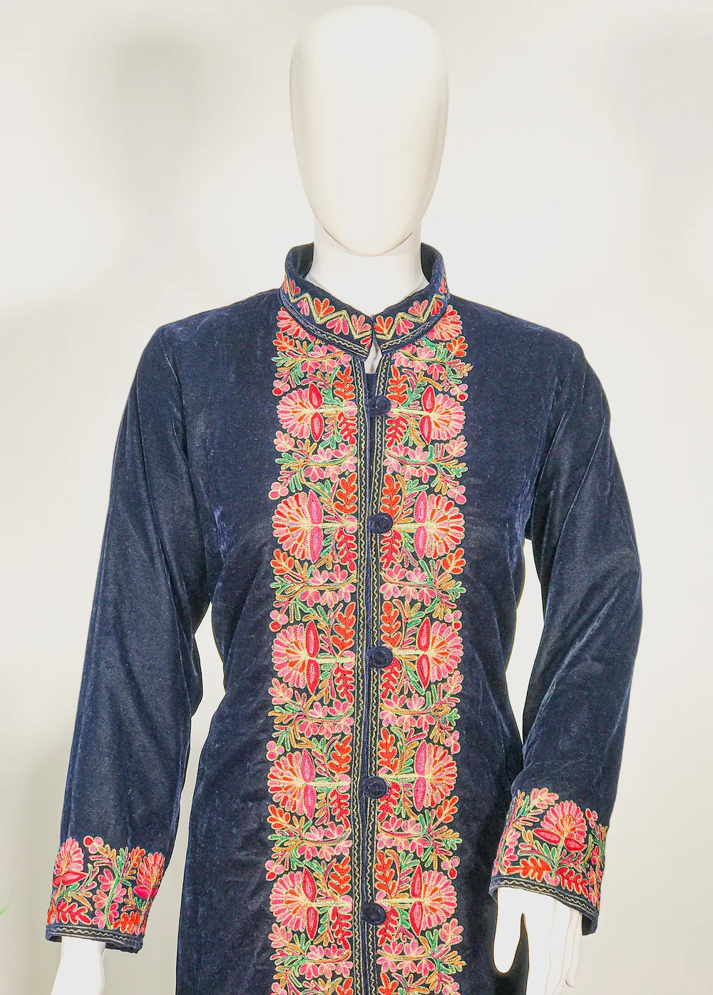 Navy Blue Kashmiri Aari Embroidery with Tilla Outlining Long Coat ...