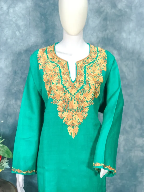 Green Woollen Phiran with Aari Embroidery front