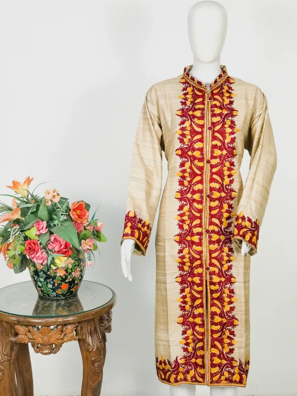 Beige Khadi Silk Kashmiri Aari Embroidered Long Coat