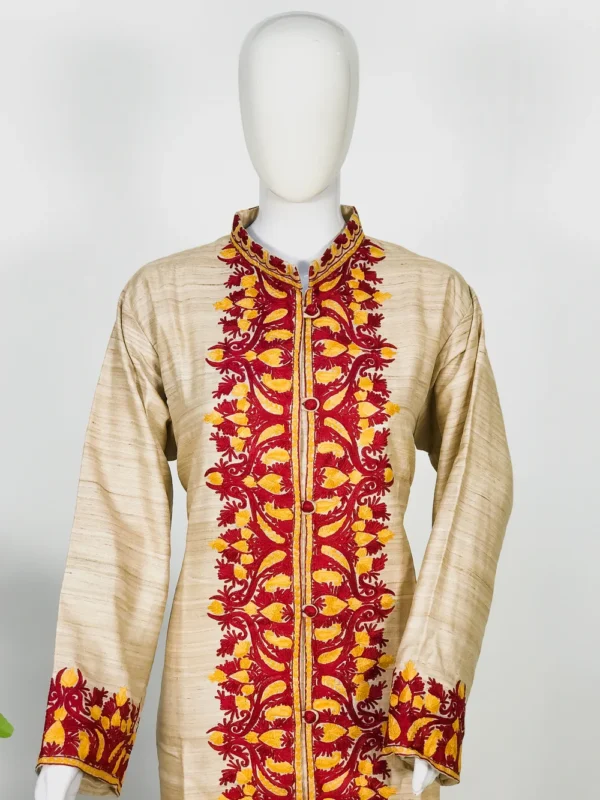 Beige Khadi Silk Kashmiri Aari Embroidered Long Coat front