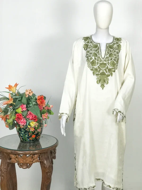 White Woollen Phiran with Aari Embroidery front