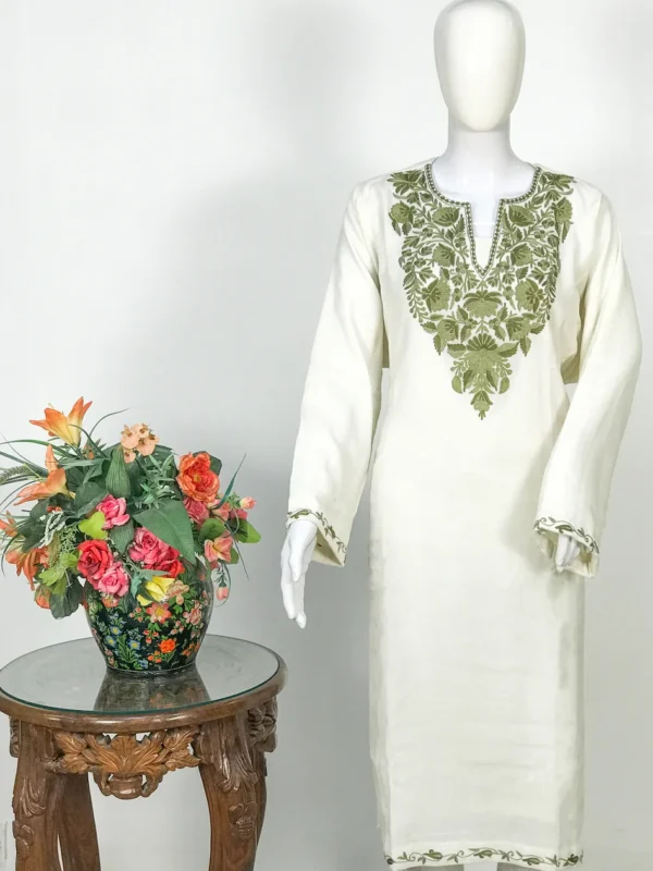 White Woollen Phiran with Aari Embroidery