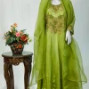Green Crepe Silk Salwar Suit with Dabka Thread French Knot Hand Embroidery