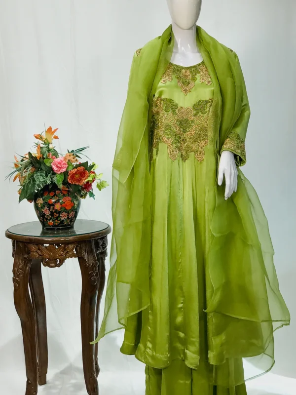 Green Crepe Silk Salwar Suit with Dabka Thread French Knot Hand Embroidery