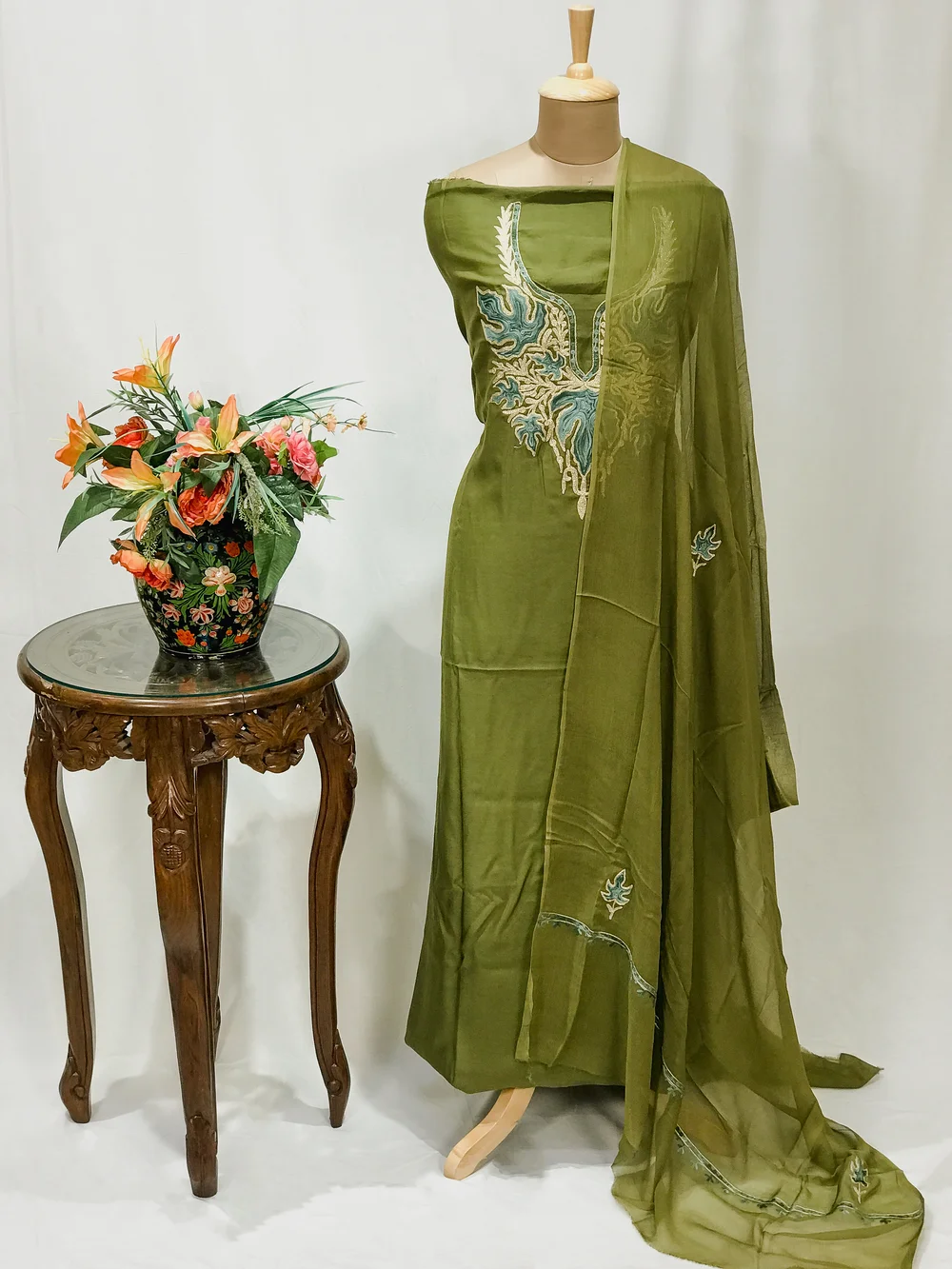Green Monga Cotton Salwar Suit with Tilla Aari Embroidery
