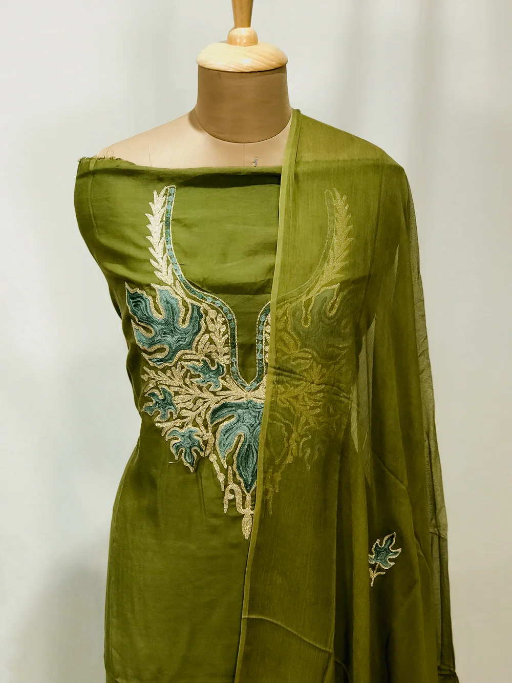 Green Monga Cotton Salwar Suit with Tilla Aari Embroidery front