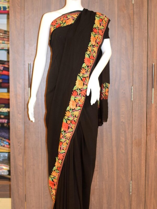 Black Viscose Georgette Aari Embroidered Kashmiri Saree