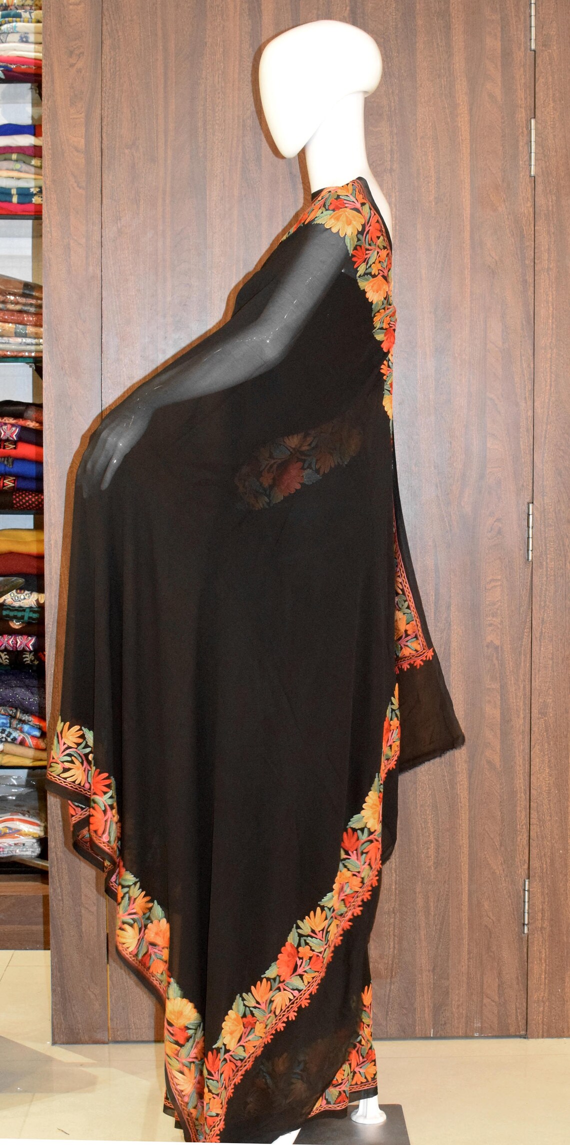 Black Viscose Georgette Aari Embroidered Kashmiri Saree front