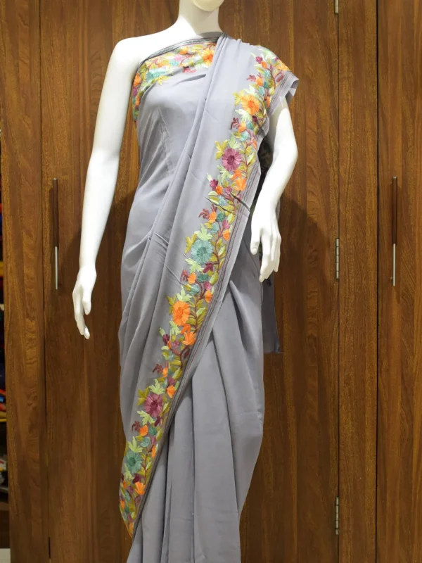 Grey Viscose Georgette Aari Embroidered Kashmiri Saree