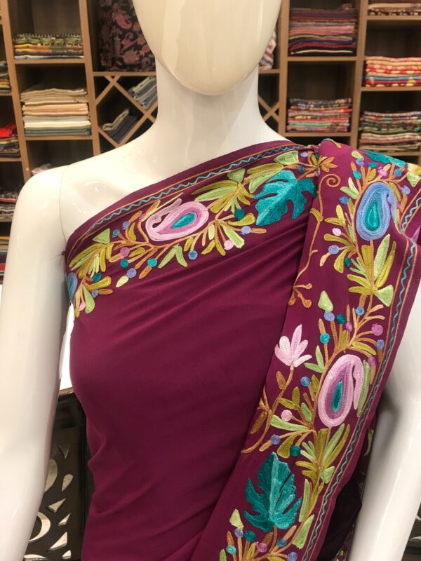 Burgundy Semi-Crepe Aari Embroidered Kashmiri Saree front