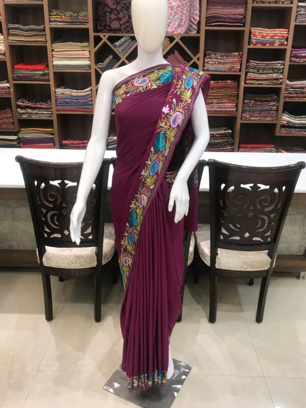 Burgundy Semi-Crepe Aari Embroidered Kashmiri Saree