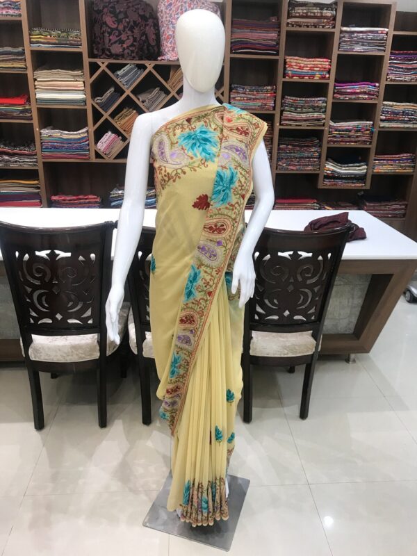 Beige Semi-Georgette Aari Embroidered Kashmiri Saree
