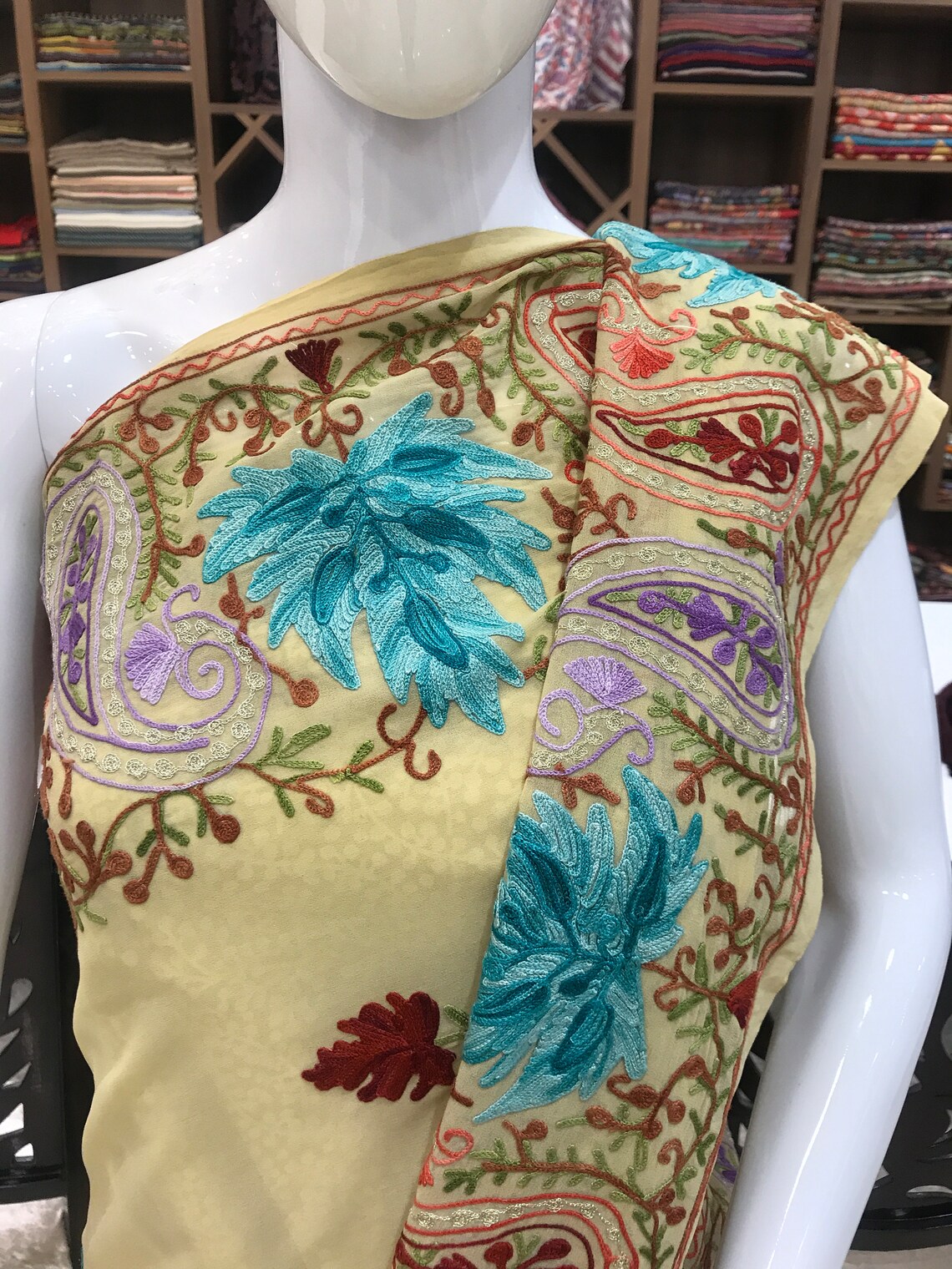 Beige Semi-Georgette Aari Embroidered Kashmiri Saree front