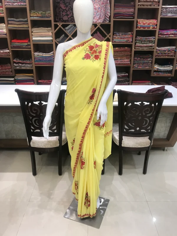 Yellow Semi-Crepe Aari Embroidered Kashmiri Saree