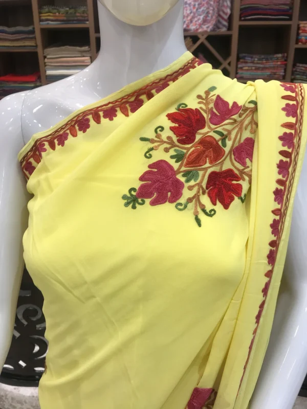 Yellow Semi-Crepe Aari Embroidered Kashmiri Saree front