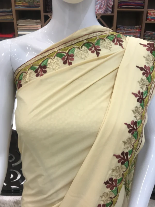 Beige Semi-Crepe Tilla and Aari Embroidered Kashmiri Saree front