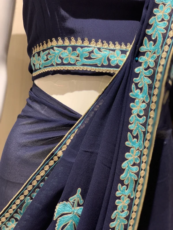 Navy Blue Viscose Georgette Zari & Aari Embroidered Kashmiri Saree front