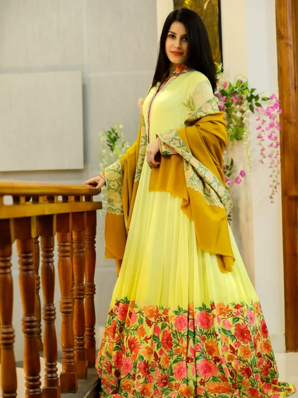 Yellow Long Flared Dress with Aari, Cut Daana and Dabka Kashmiri Embroidery