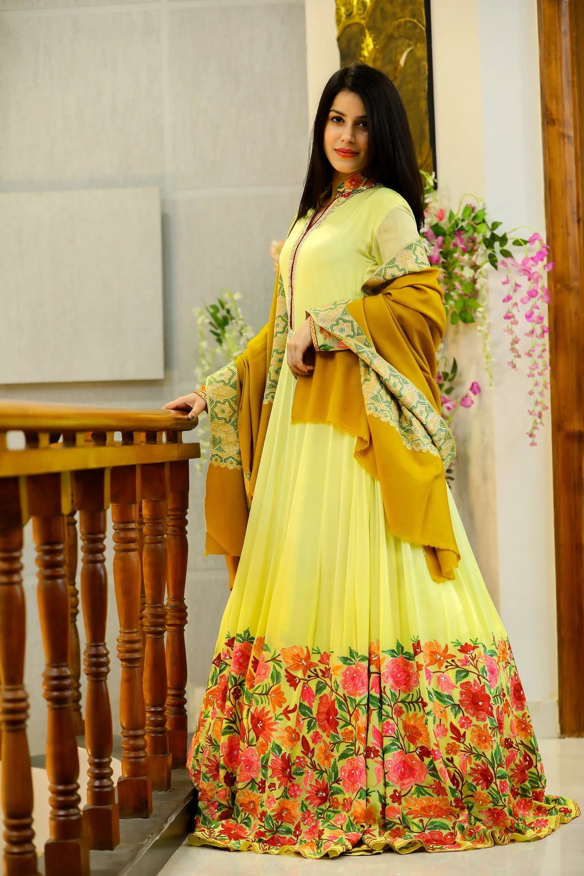 Yellow Anarkali Gown in Organza with Digital Print - Clothsv