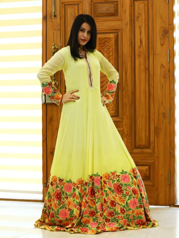 Yellow Long Flared Dress with Aari, Cut Daana and Dabka Kashmiri Embroidery front