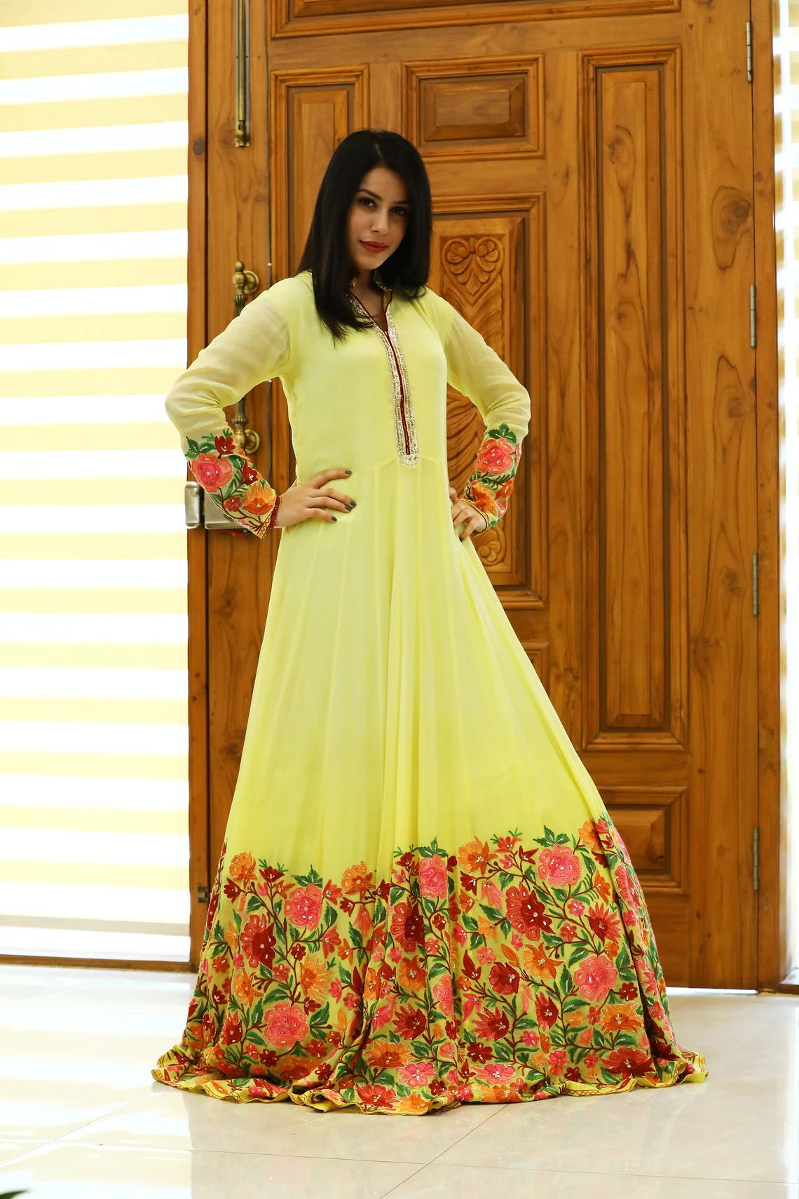 Yellow Long Flared Dress with Aari, Cut Daana and Dabka Kashmiri Embroidery front