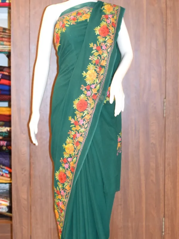 Green Viscose Georgette Aari Embroidered Kashmiri Saree