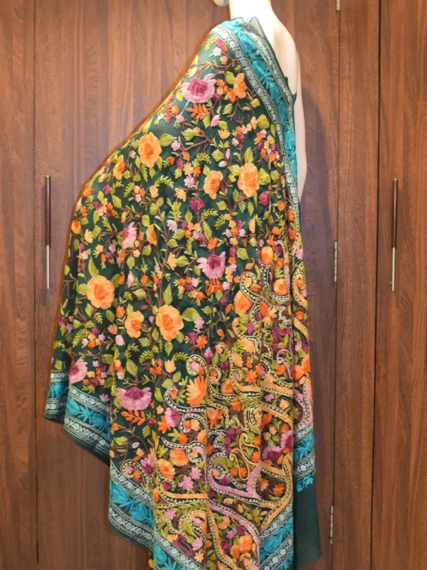 Bottle Green Viscose Georgette Aari Embroidered Kashmiri Saree front