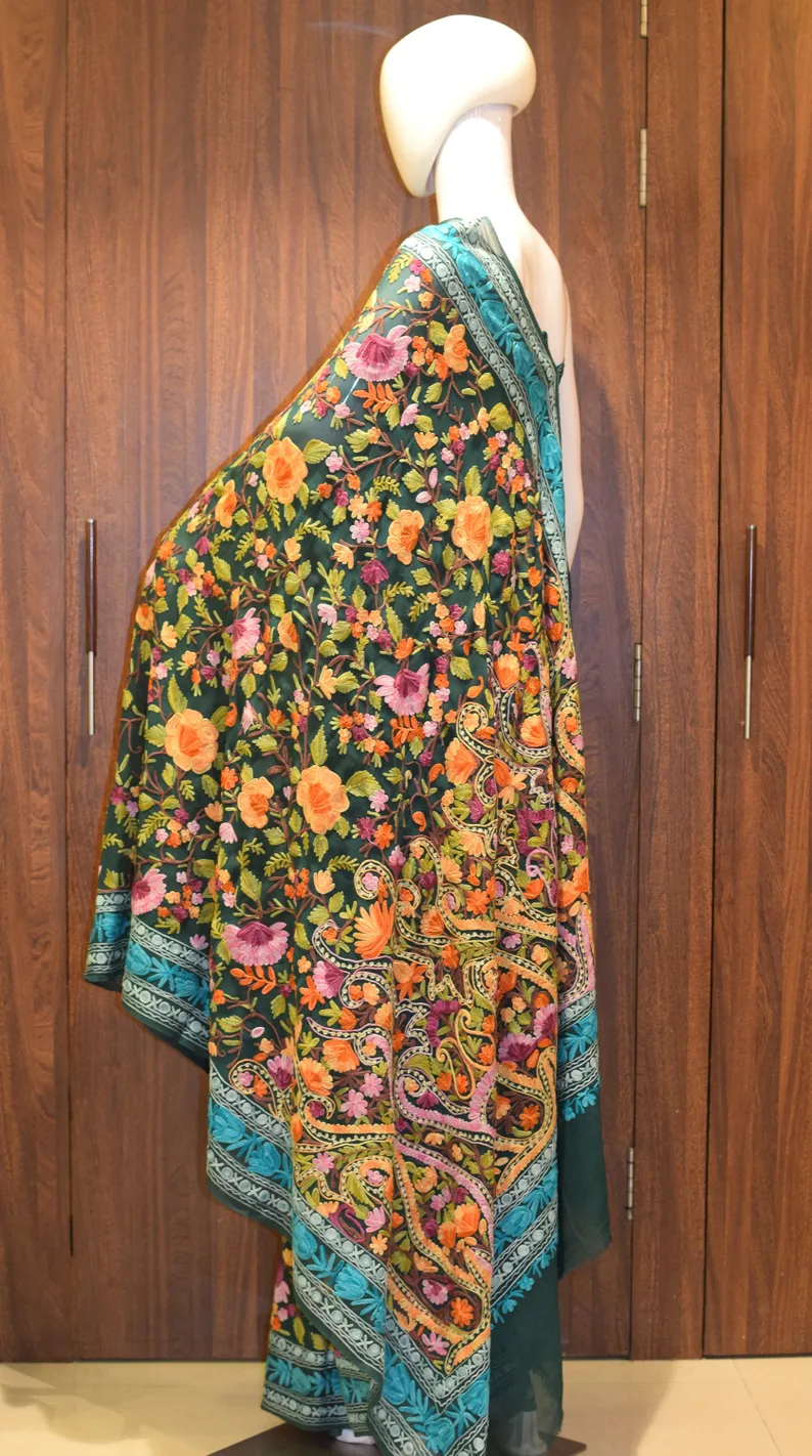 Bottle Green Viscose Georgette Aari Embroidered Kashmiri Saree front