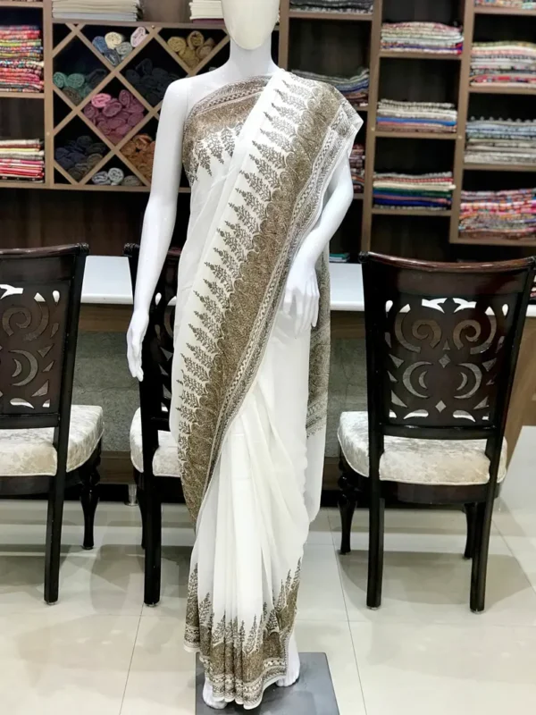 White Viscose Georgette Aari Embroidered Kashmiri Saree