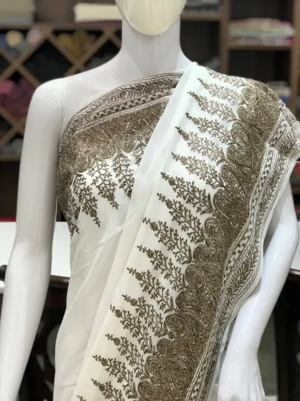 White Viscose Georgette Aari Embroidered Kashmiri Saree front