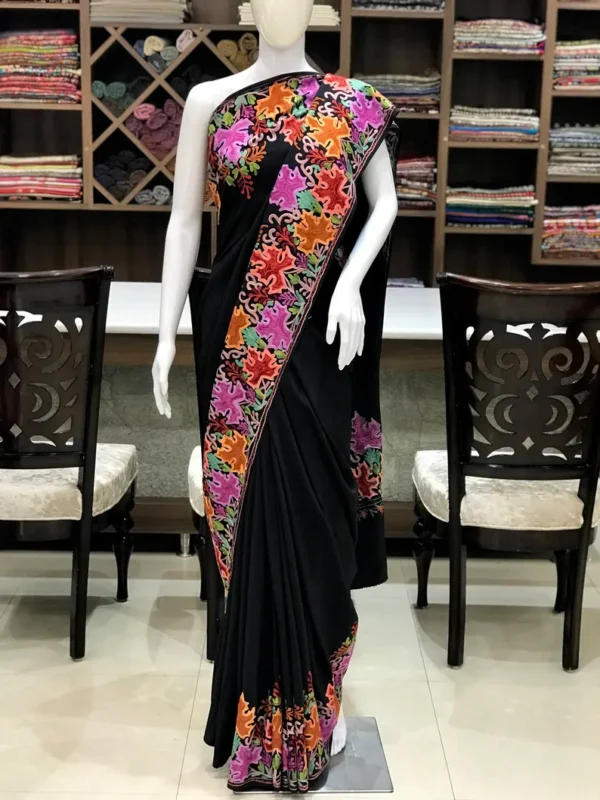 Viscose Georgette with Multi-Colour Aari Embroidered Kashmiri Saree:(Black)