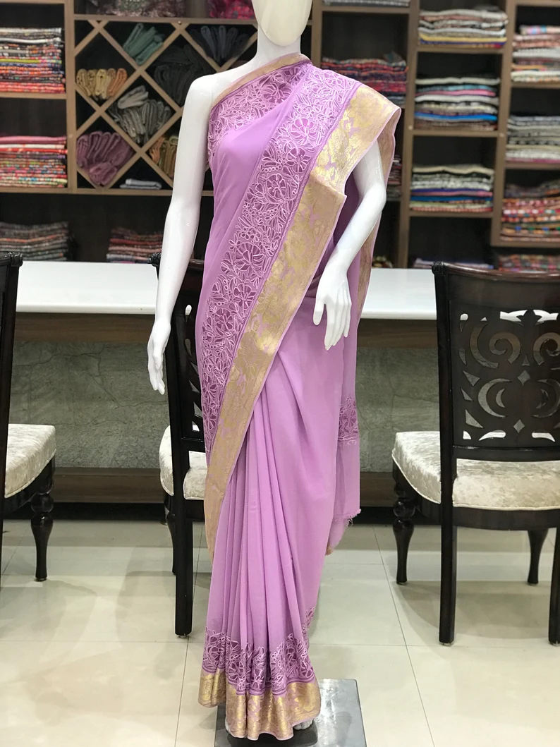 Purple Viscose Georgette Aari Embroidered Kashmiri Saree